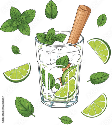 Vector Flat Lay of Mojito with Fresh Ingredients