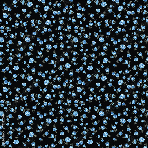 Elegant dark floral seamless pattern with tiny blue roses. Moody vintage ditsy or millefleur print on a black background for romantic fabric, apparel, and textile design.