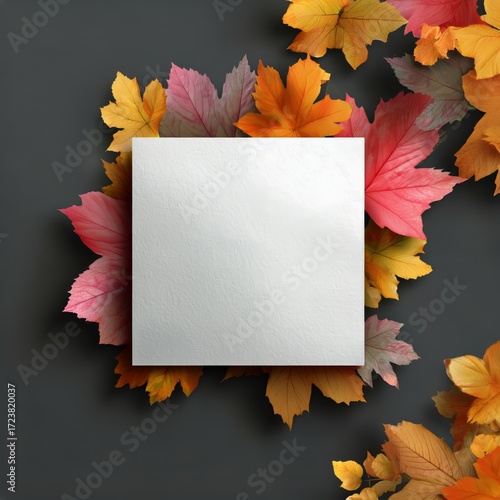 Colorful Autumn Leaves Surround a Blank Square Canvas for Creative Display or...