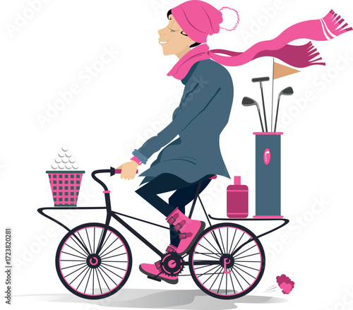 Cold weather. Golfer woman in warm cloth rides to the golf course on a bicycle. 
Rainy and windy day. Young golfer woman in the hat and scarf rides to play golf on the bicycle. White background
