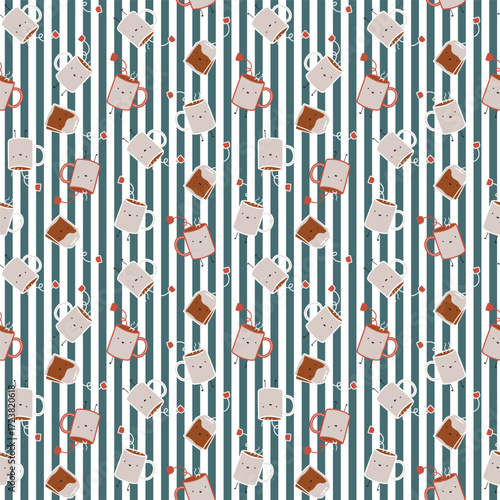 Cozy seamless pattern with cute kawaii coffee and hot chocolate mugs. Cartoon hot drink illustration on a striped background for winter kitchen decor, cafe menu, and fabric print.