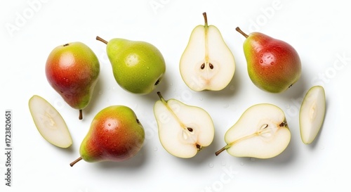 A vibrant top-down composition of fresh, ripe green and red pears, beautifully arranged on a clean white surface, showcasing their natural textures, healthy appeal, and delicious organic essence
