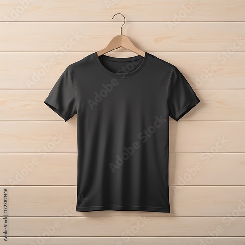 Plain dark gray t shirt hanging on a wooden wall background