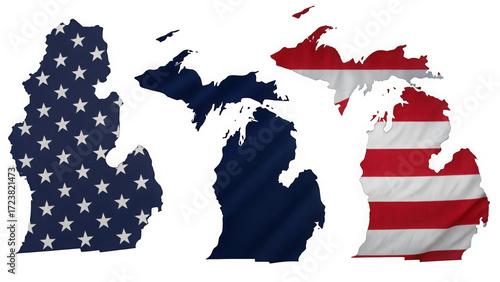 Michigan map outline filled with american flag colors and patterns isolated on transparent background