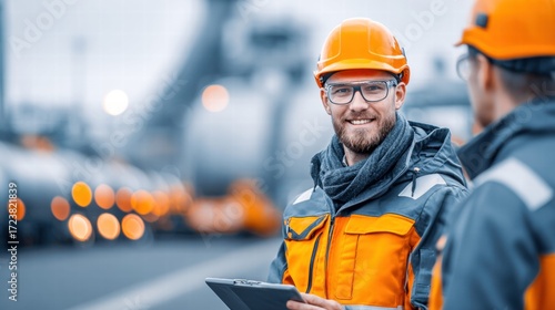 A construction engineer smiles while working with a colleague at a building site.