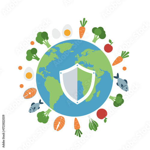 Healthy food around the world with shield in the center, food safety concept.
