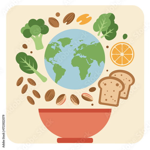 World globe with healthy food items. Concept of balanced nutrition and global diet.