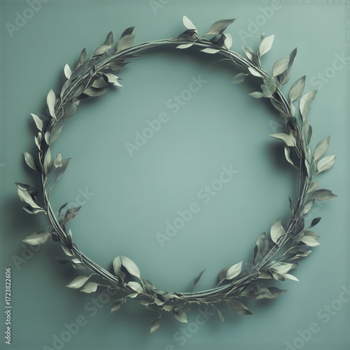 Wreath Made of Green Leaves on a Soft Blue Background Displays Natural Elegan...
