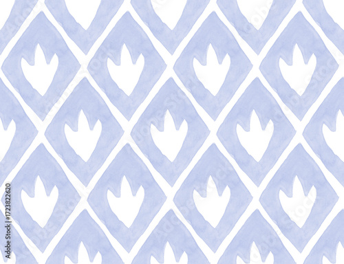 Blue watercolor rhombus seamless pattern with flower shape inside. Hand painted print for kids with floral element.