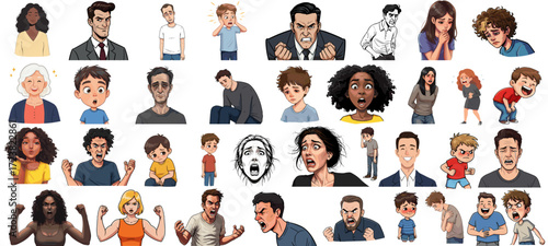 Diverse Pixel Art Characters Expressing Various Emotions Isolated on Transparent Background