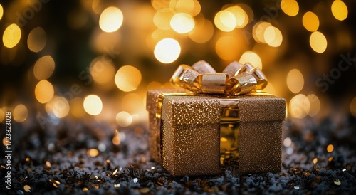 Golden Gift Box Shining in Soft Light With Festive Decorations in the Background