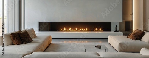 Modern Living Room With Cozy Fireplace and Minimalist Decor During a Winter A...