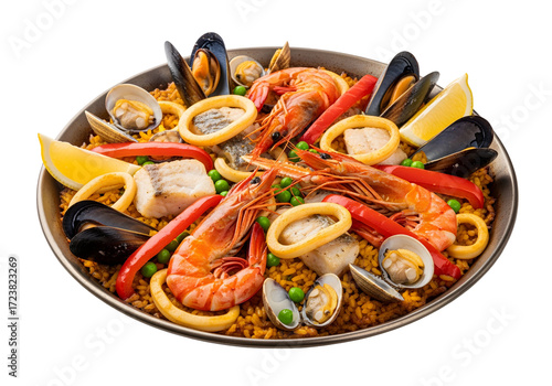 Overhead shot of paella with shrimp mussels squid rings peppers peas fish clams and lemon wedges in a pan on white or transparent background