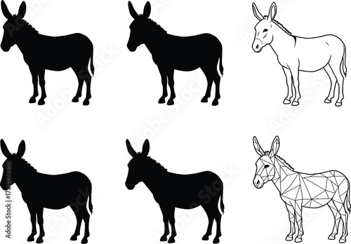 Donkey animal silhouettes and line art vector illustration set featuring solid shapes, outline drawings, and polygon geometric style designs