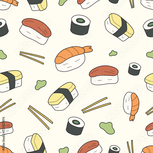 Cute sushi seamless pattern doodle hand drawn illustration. Playful japanese food vector isolated pattern for background, design, print, paper, asset