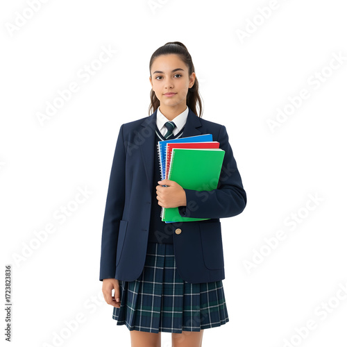 Spain schoolgirl in uniform with books stands centered on white or transparent background