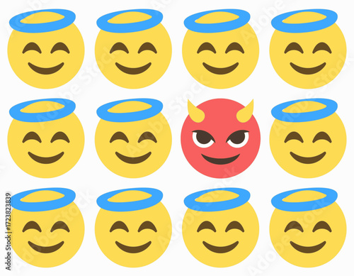 Vector pattern of smiling face with halo emojis and one smiling face with horns. Concept of good versus evil, angel and devil characters in flat design.