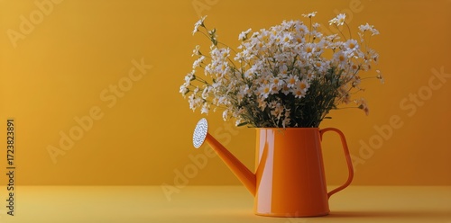 Bright Yellow Watering Can Holds Fresh White Flowers Against a Vibrant Orange...