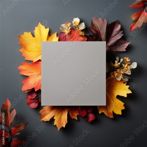Colorful Autumn Leaves Surround a Blank Square Canvas for Creative Display or...