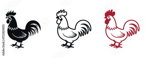 WebBold rooster icons evoke rustic charm and farm-fresh goodness, perfect for branding, menu design, and adding a touch of vintage flair to any project with these black, white and red designs