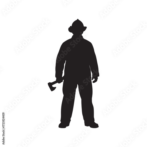 Silhouette of a Firefighter Holding Axe and Standing Tall