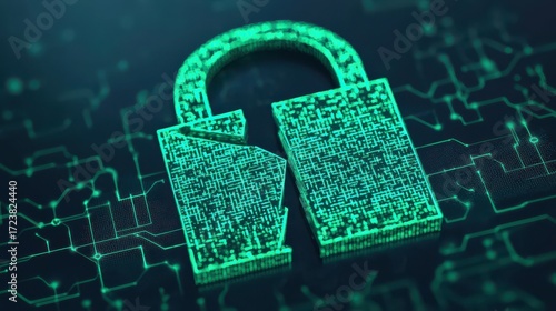 A digital lock icon appears broken, surrounded by abstract circuitry, symbolizing cybersecurity and data protection issues.