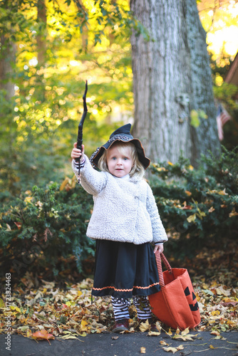 Little girl in a witch costume going to trick-or-treat on Halloween