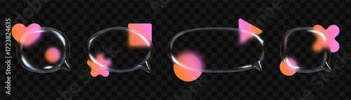 Intersecting glass speech bubbles display a transparent texture enhanced by geometric gradient shapes, showcasing a unique glass morphism effect in a colorful arrangement.