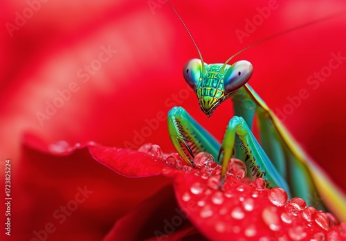 Colorful Mantis Perched on a Vibrant Red Flower With Dew Droplets in a Natura...