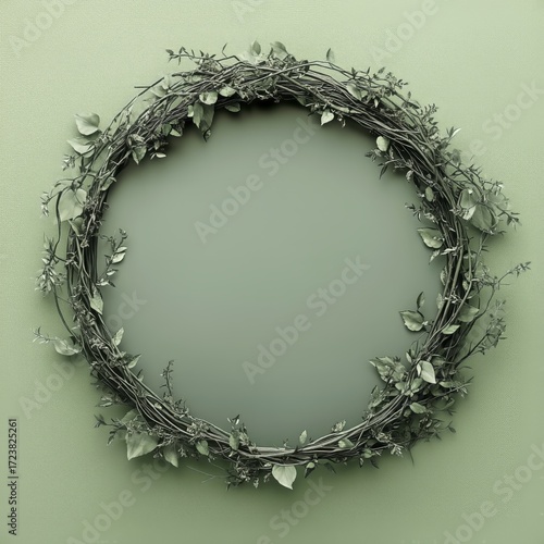 A Decorative Wreath With Leaves and Branches on a Textured Green Background.