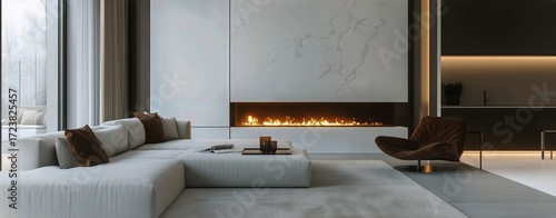 Modern Living Room With Cozy Fireplace and Minimalist Decor During a Winter A...