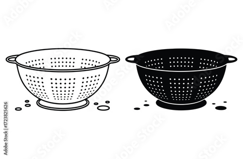 WebSleek black and white strainer set for modern kitchen designs, perfect for culinary illustrations and minimalist cooking blogs, essential for food prep and healthy eating content