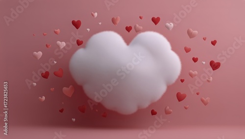 Fluffy Cloud Surrounded by Small Red and Pink Hearts on a Soft Background