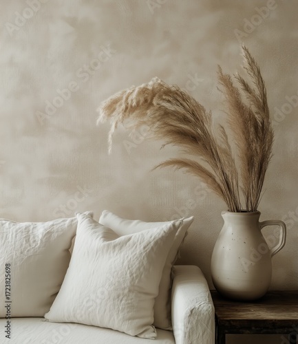 Cozy Living Room With Neutral Decor and Decorative Flowers in a Vase.