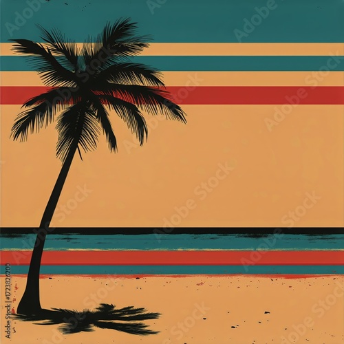 Bright Beach Scene With Palm Tree and Colorful Striped Sky at Sunset.