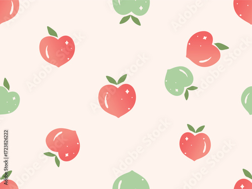 Seamless pattern with red and green peach apricot fruit with green leaves on pastel background vector.