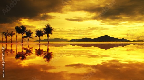 Tropical sunset with golden reflections on calm ocean water and silhouettes of palm trees for serene seascape and travel concept