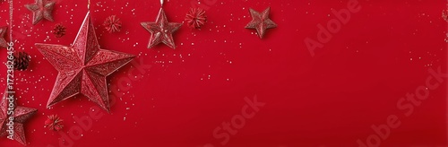 Festive Red Background With Decorative Stars and Pinecones for Holiday Celebr...