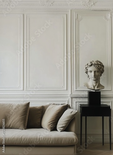Elegant Living Room With Neutral Tones and Classic Sculpture Accent