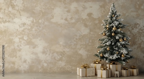 Festive Christmas Tree Decorated With Ornaments and Surrounded by Wrapped Gif...