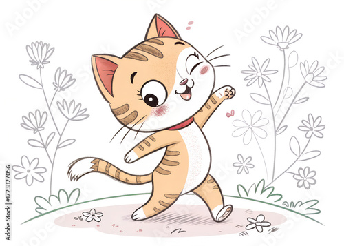 Illustration of a happy cartoon cat walking in a flower garden