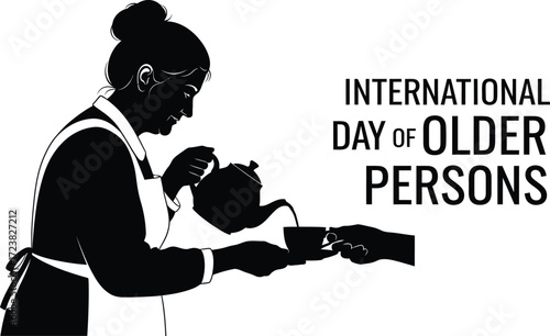 Vector art of silhouette of older woman pouring tea for International Day of Older Persons