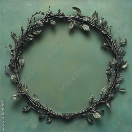 A Decorative Wreath With Leaves and Branches on a Textured Green Background