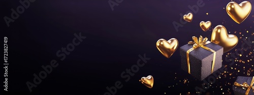 Gift Box Surrounded by Golden Hearts Creating a Festive Atmosphere for Celebr...
