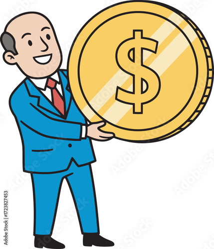 A smiling businessman in a blue suit holding a large gold coin with a dollar sign.