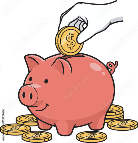 Hand depositing a gold coin into a pink piggy bank with coins around it.