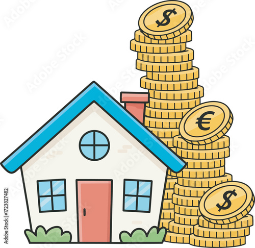 Cartoon house with a large stack of coins, representing financial investment in property.
