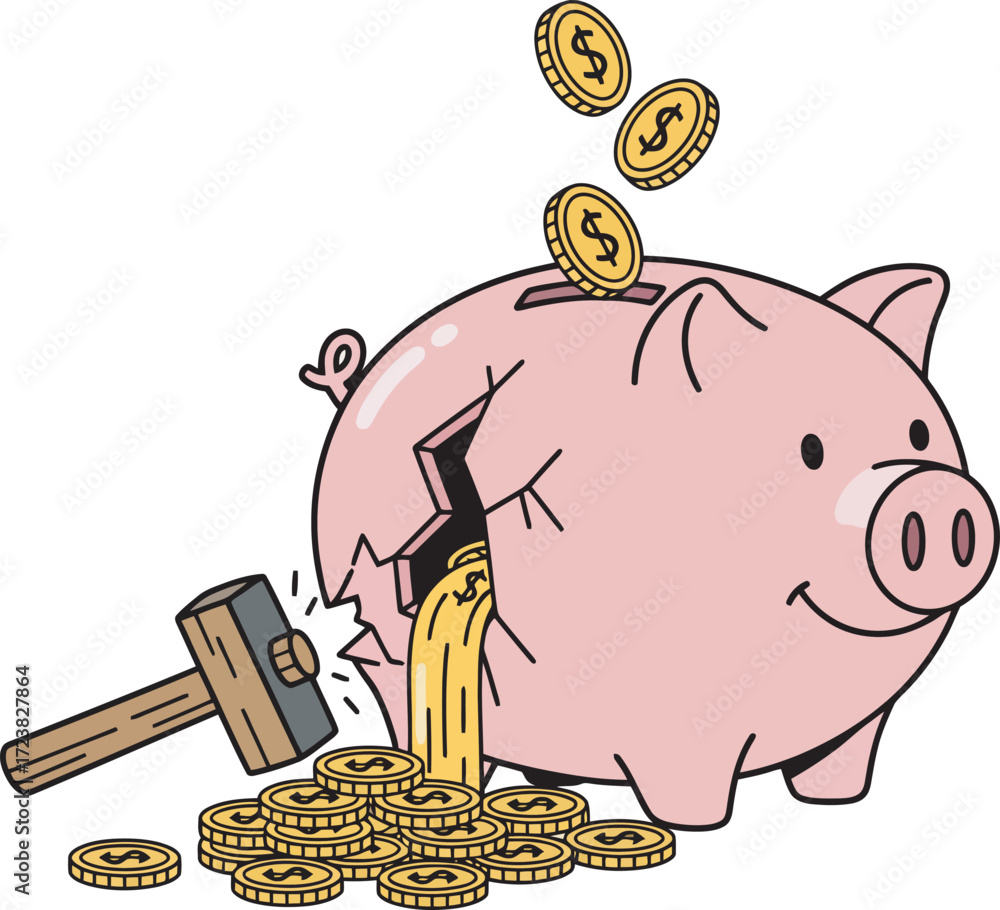 A smashed piggy bank spills gold coins, a hammer lies nearby, illustrating financial loss or broken savings.