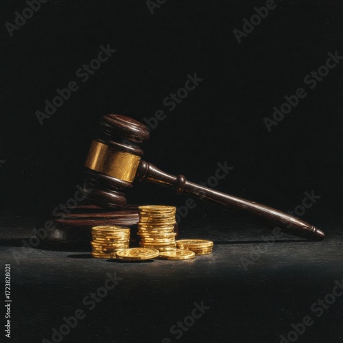Judge's gavel and gold coins on dark background