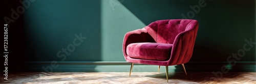 Comfortable Pink Armchair in a Stylish Room With Green Wall and Natural Light